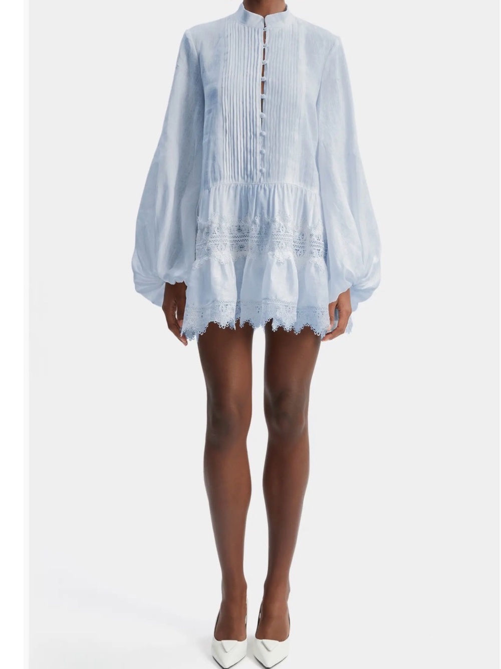 Bardot Pale Blue Pintuck & Lace Mini Dress